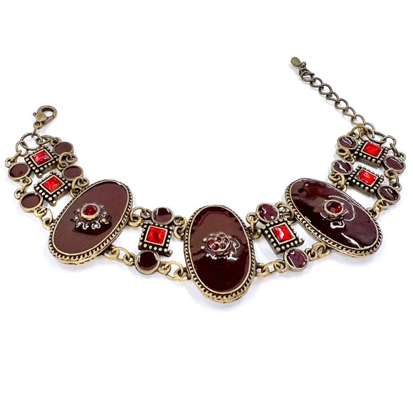 Jewelry - Up-Cycled - Burgundy & Red Enameled Medallion Brass Tone 7” Adjustable Bracelet